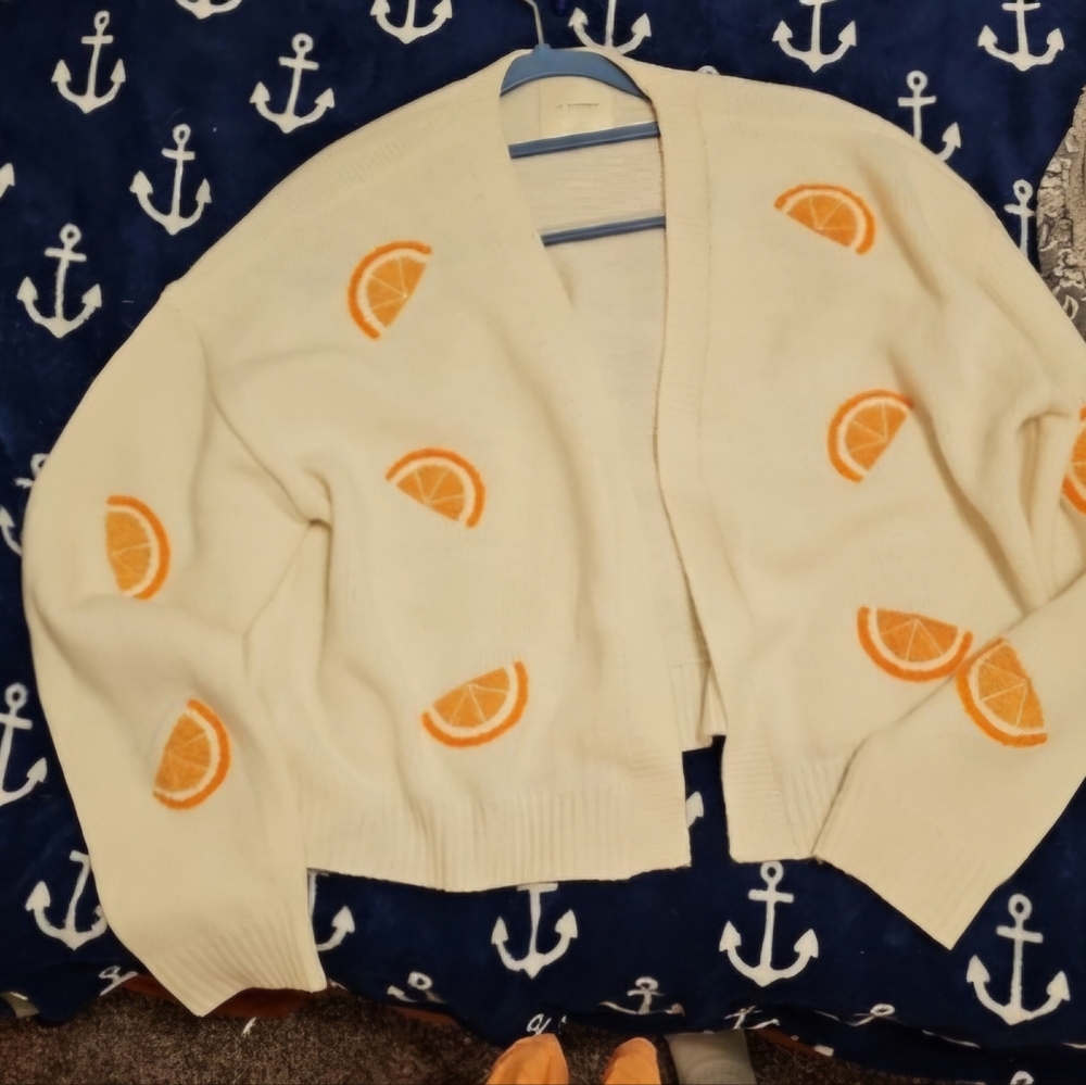 Cream Cardigan with Orange Slice Design By No Comment Size Xl